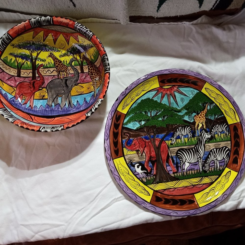 Zimbabwe African Handmade/Painted Serving Platter & Bowl. Artist signed on backs